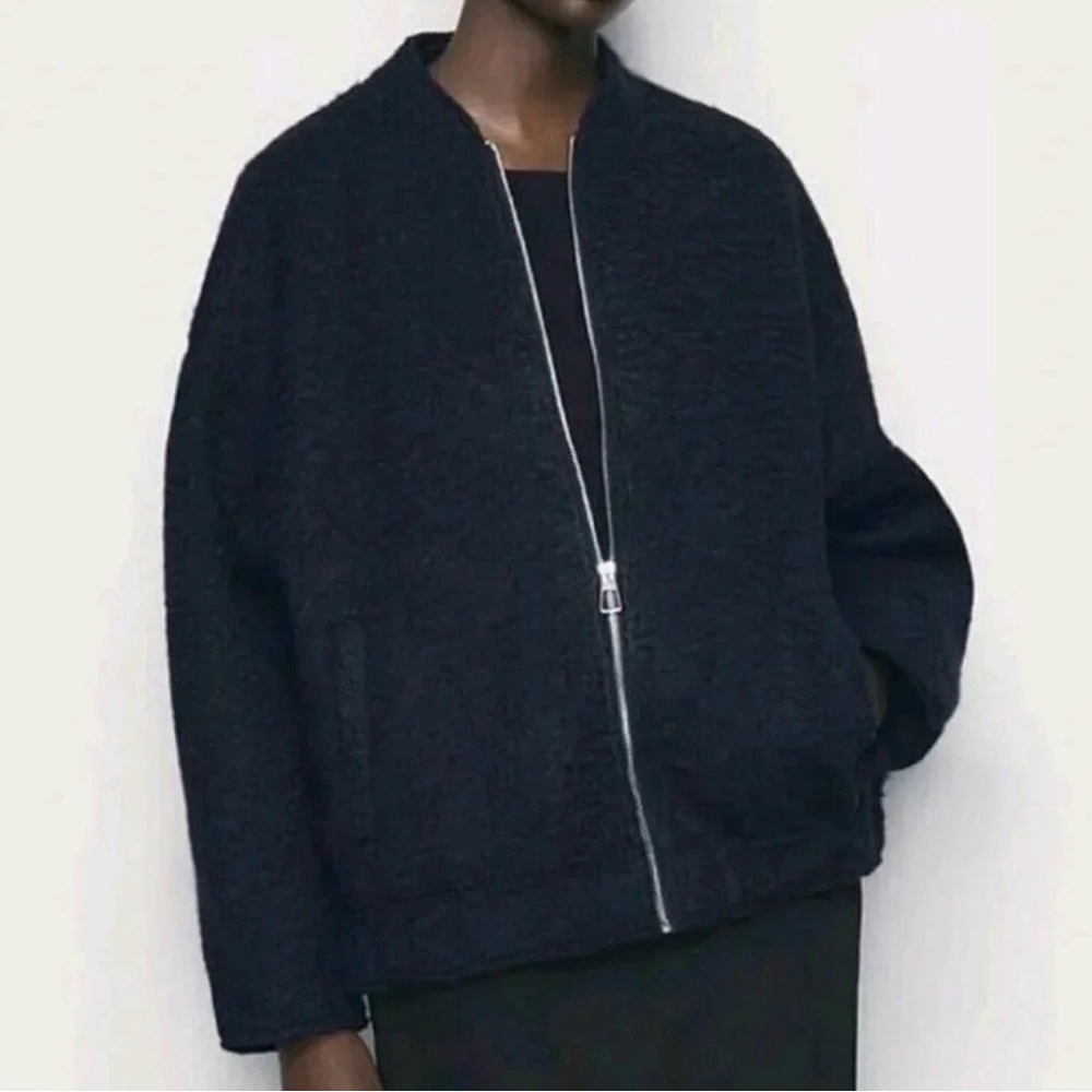 Zara Navy Boucle Teddy Textured Oversized Bomber Jacket